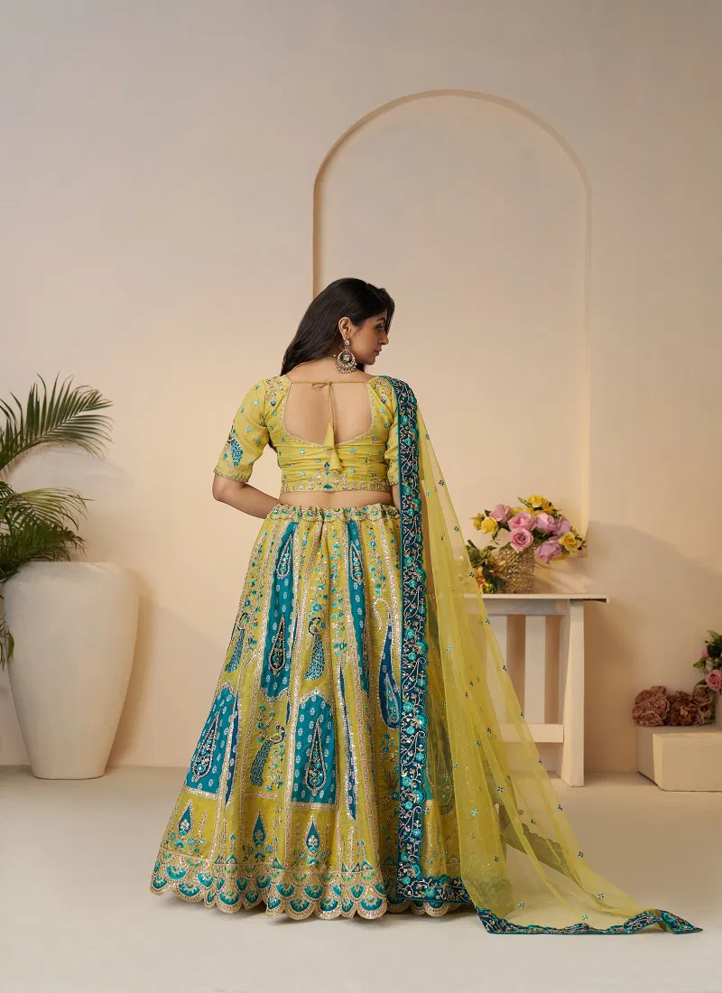 Kf 484 Yellow Banarasi Silk Embroidered Lehenga Choli Exporters In India